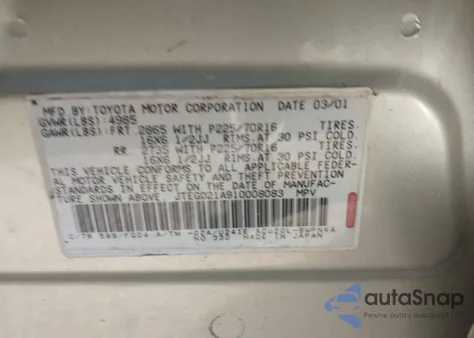 2001 Toyota Highlander from USA, damaged, VIN JTEGD21A910008083